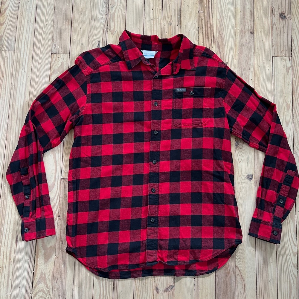 Columbia Men's Sz L Button Down Shirt Red Buffalo Plaid‎ Long Sleeve Cabincore
